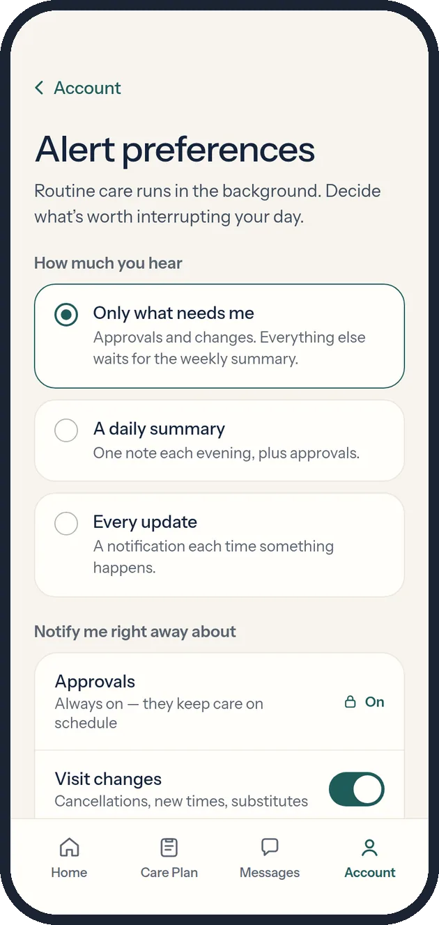 Alert preferences with a locked approvals row and category toggles