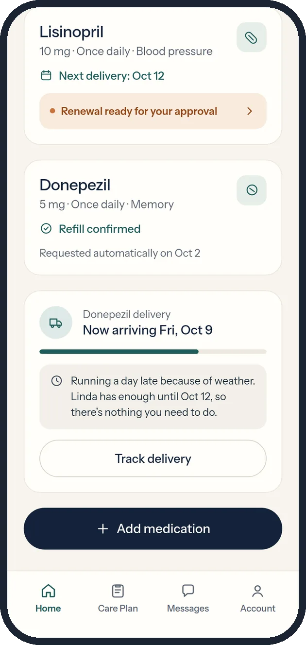 Prescriptions screen showing a delivery running a day late, with nothing to do