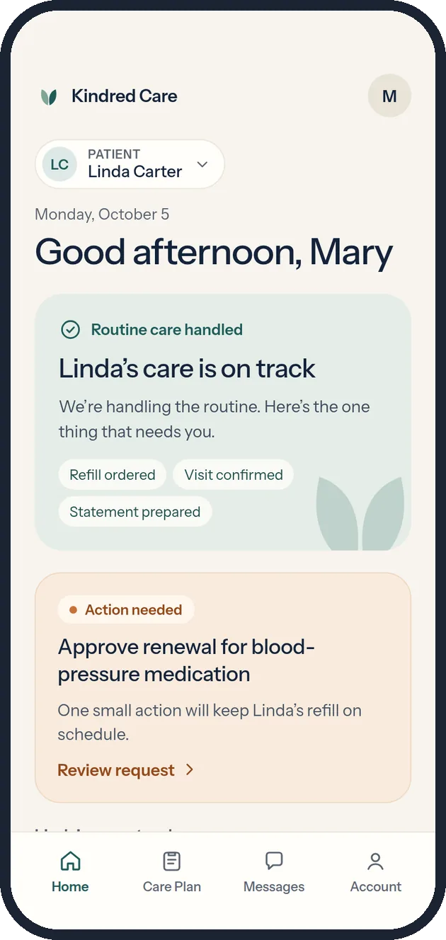 Home: Linda’s care is on track, with one Action needed card