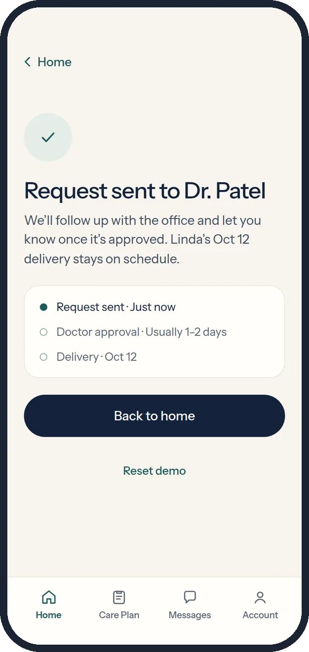 Request sent confirmation with a three-step timeline