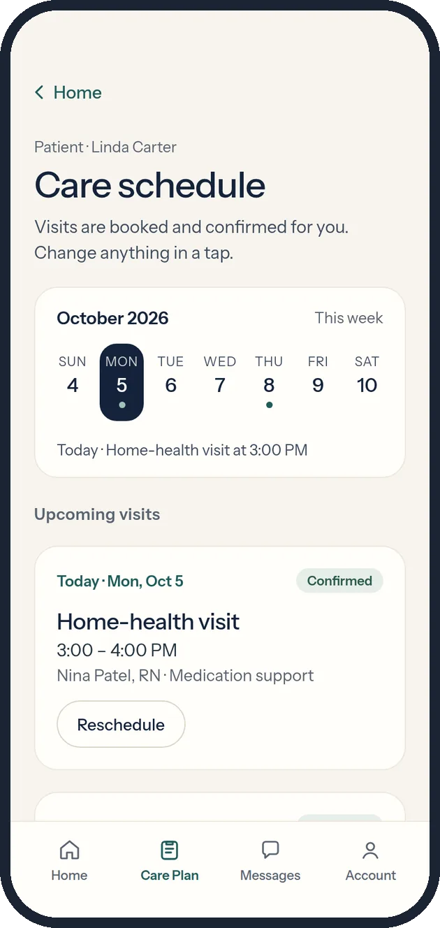 Care schedule with a week calendar and upcoming visits