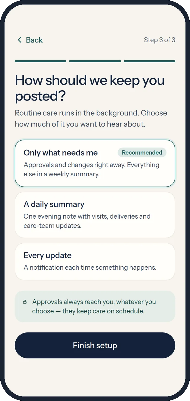 Setup step 3: choose Only what needs me, a daily summary, or every update