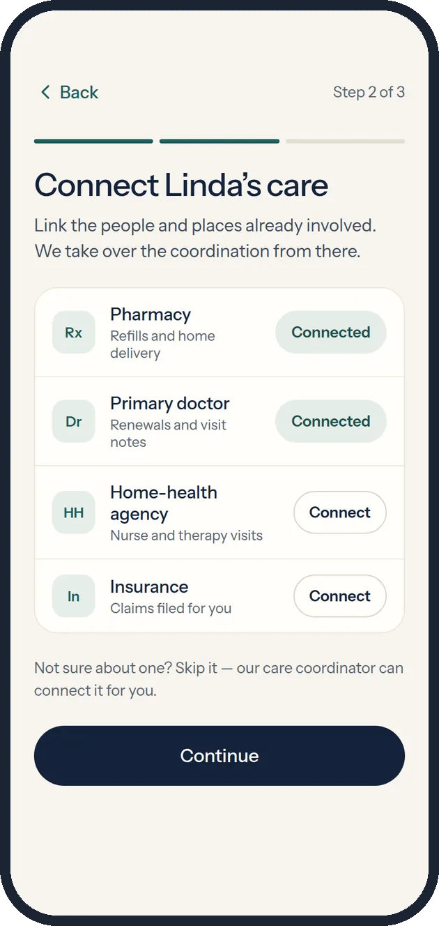 Setup step 2: connect pharmacy, doctor, home-health agency and insurance